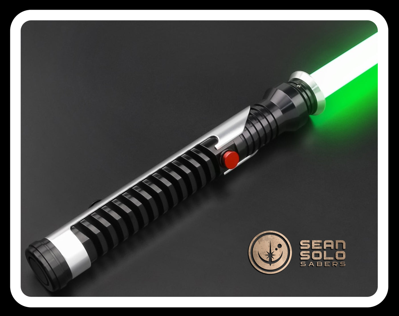 a green and white light saber on a black surface